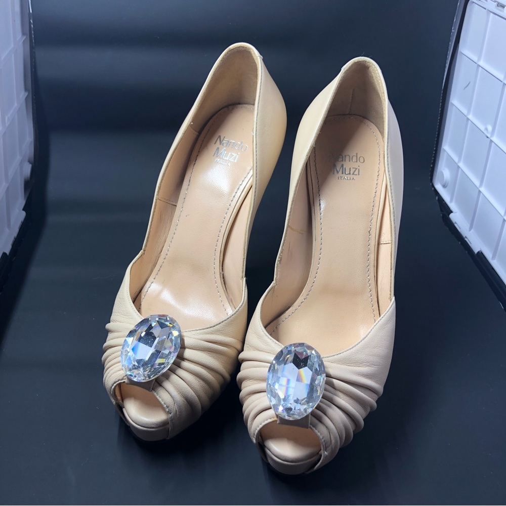 Nando Muzi - Nude Leather Platform Heels with Crystal Detail - Size 7